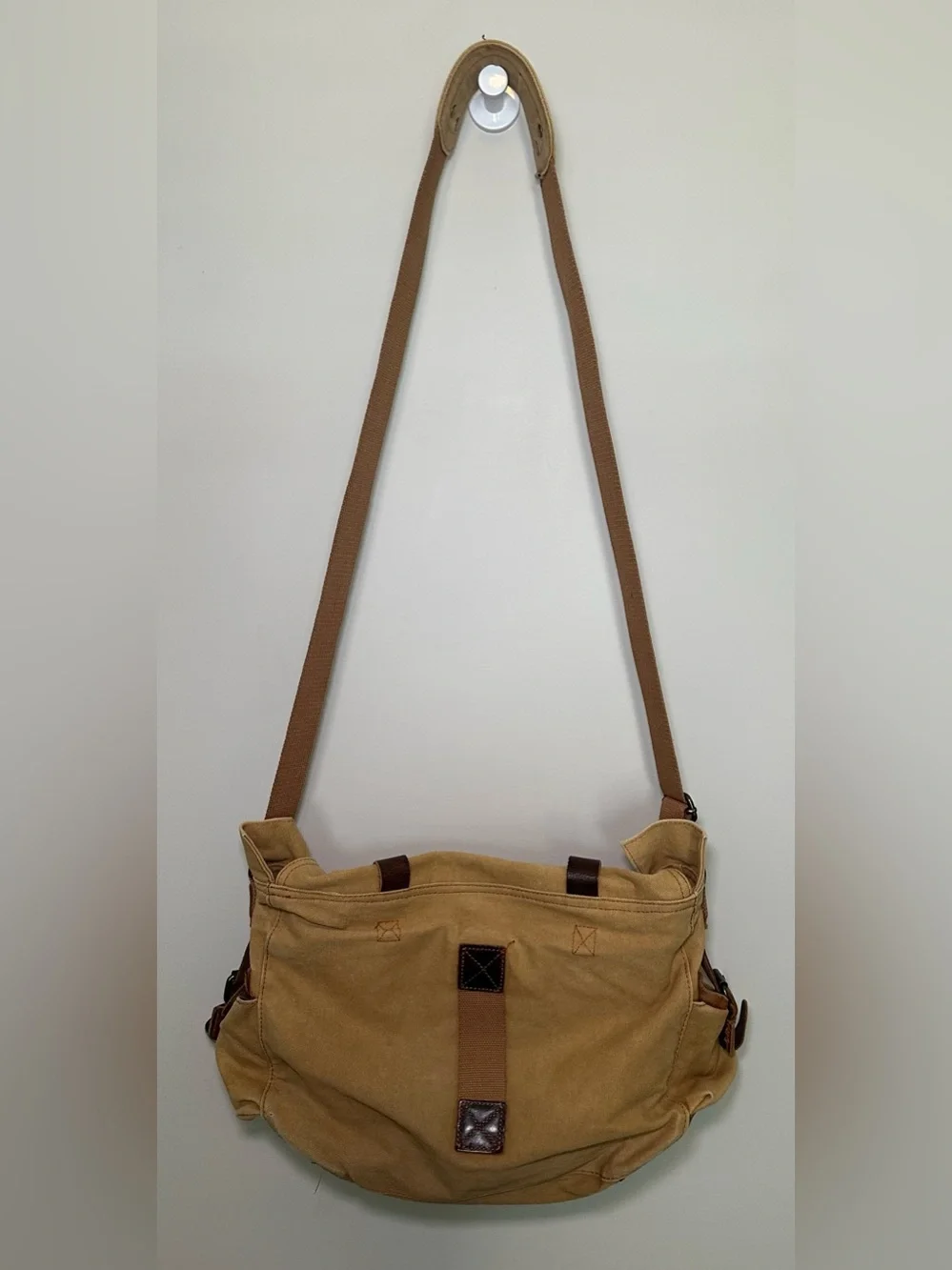 Canvas & Leather Messenger Bag Khaki Brown Crossbody Tab Brown Pockets Zip